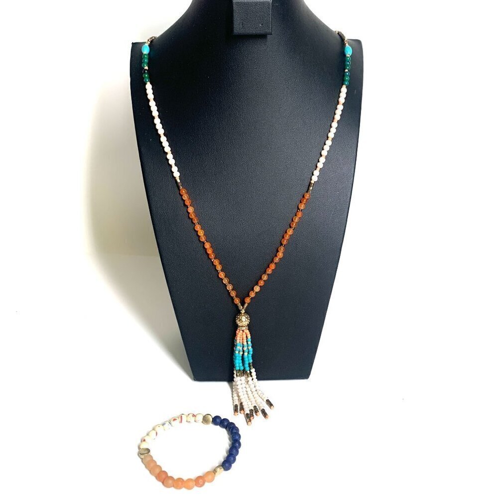 Boho Tassel Beaded Necklace & Stretch Bracelet Set Blue Coral Cream 36"L